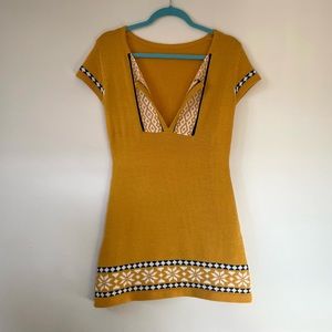 Retro 70s Style Vintage Mustard Yellow Mini Sweater Dress Size Small